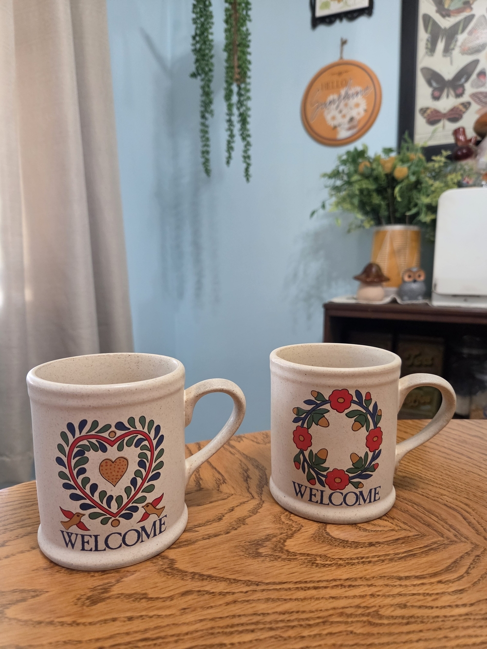 Pair Vintage Folk Art Welcome Stoneware Mugs Heart Floral Wreath Scandinavian